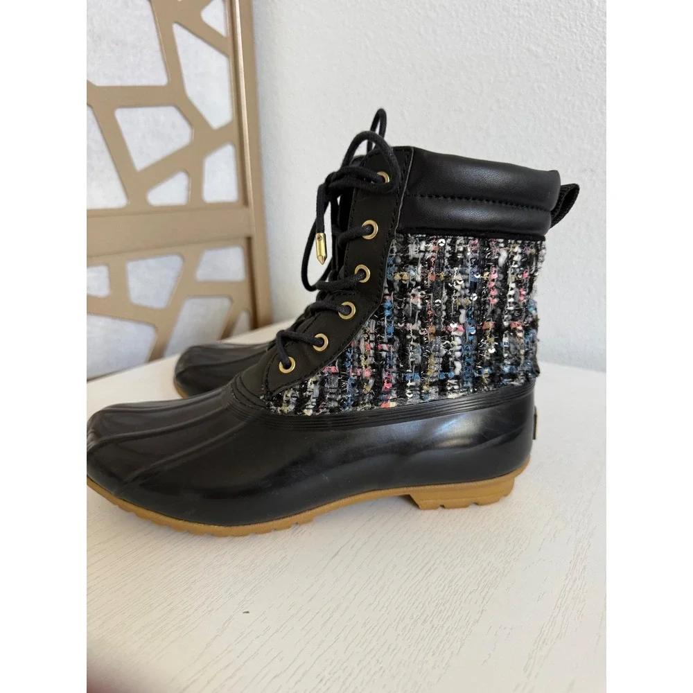 Sam Edelman Black Tweed Duck Boots Lace Up Rain Ankle Booties Gold Caldwell 6